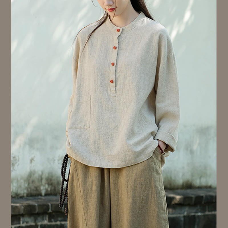 Solid Color Loose Button Blouse Long Sleeve Shirt Top