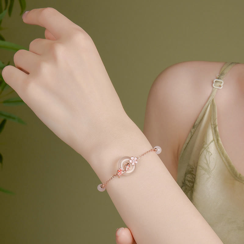 Chalcedony Pink Crystal 925 Sterling Silver Flowers Koi Fish Peace Buckle Positive Bracelet