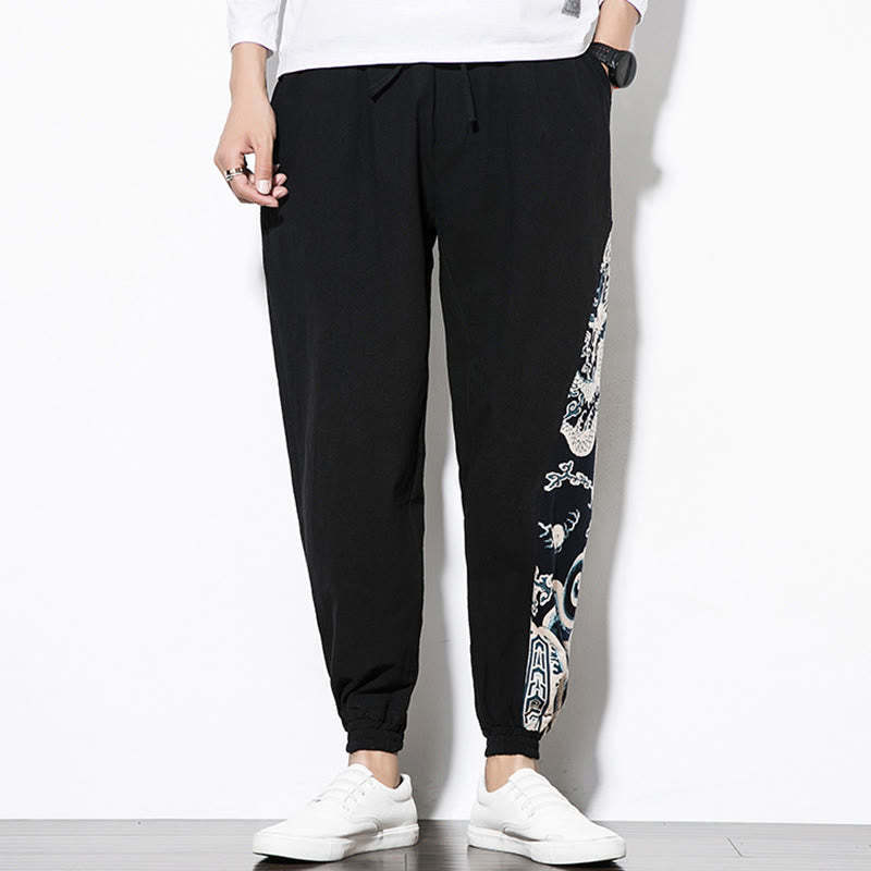 Summer Dragon Waves Cotton Men's Pants With Pockets