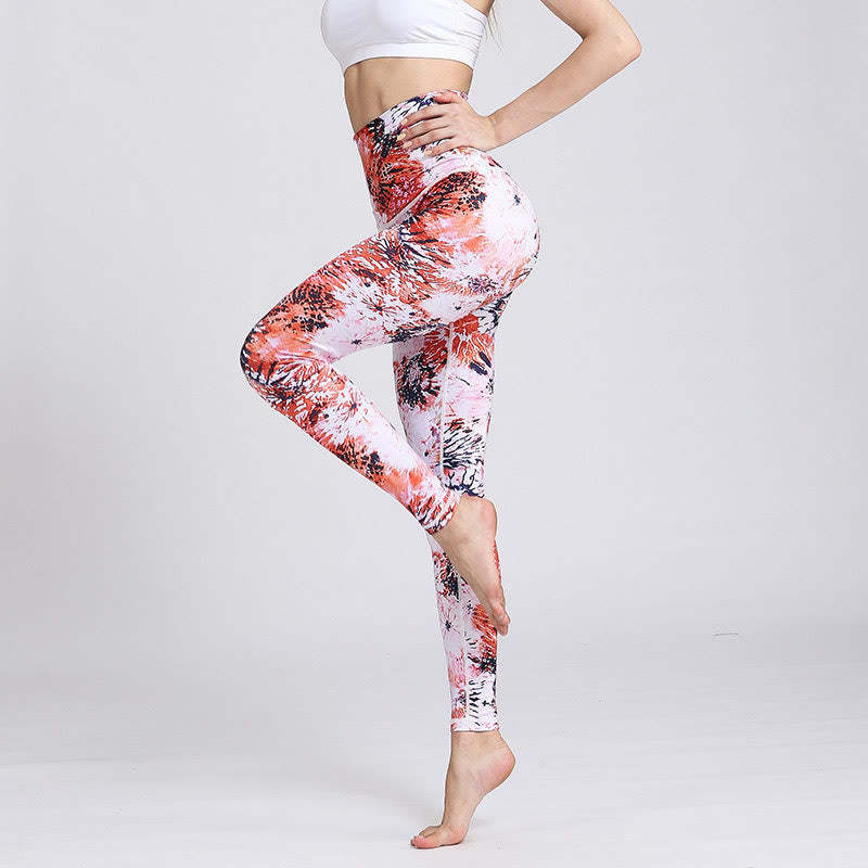 Red Pink Flowers Print Sports Fitness Yoga High Waist Leggings Women's Yoga Pants