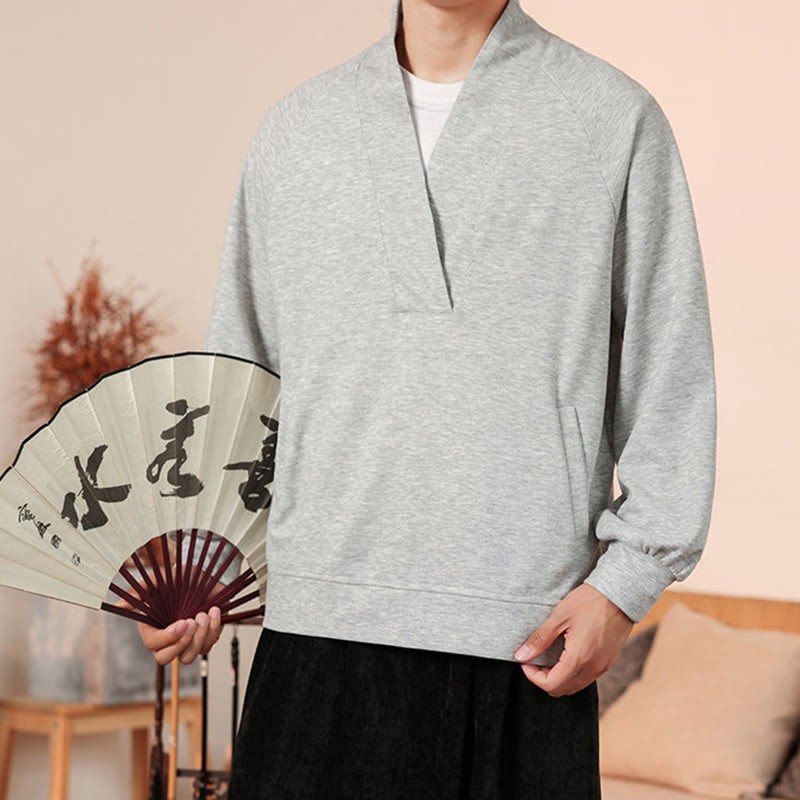 Fall Simple V-Neck Men's Sweatshirt Cotton Pullover With Pockets