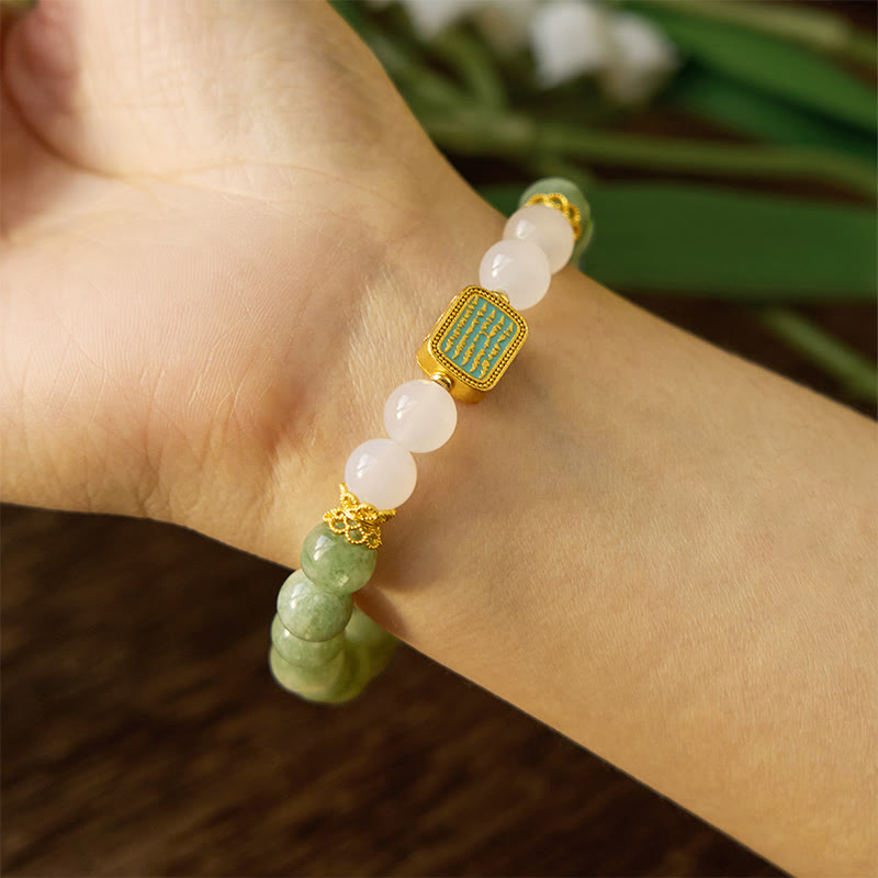 Natural Green Jade White Agate Five Scriptures Abundance Bracelet
