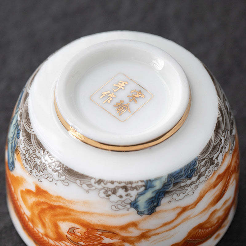 Dragon Phoenix Crane Sun Ocean Waves Gilt Ceramic Teacup Kung Fu Tea Cup 170ml