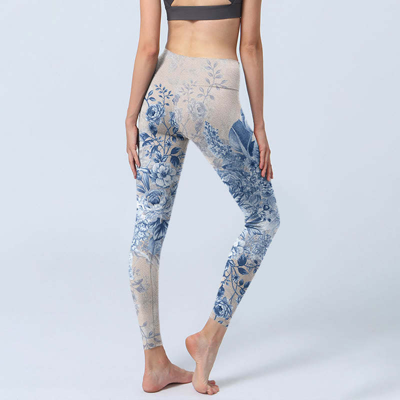 Rose Daisy Print Gym Leggings Women's Yoga Pants