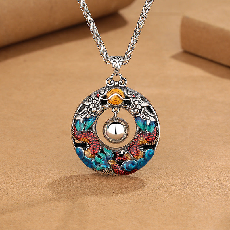 Year of the Dragon Colorful Double Dragons Playing Bead Copper Protection Necklace Pendant