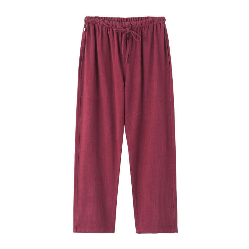 Spring Summer Solid Men's Drawstring Linen Pants With Pockets