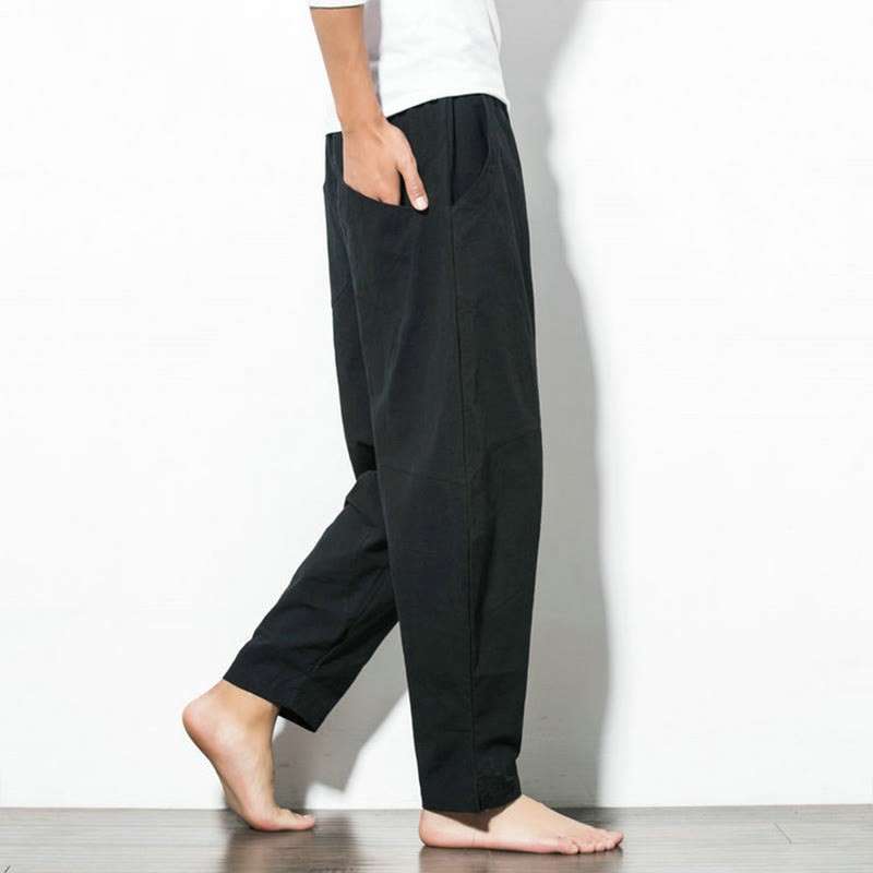 Casual Men's Solid Color Linen Drawstring Pants With Pockets