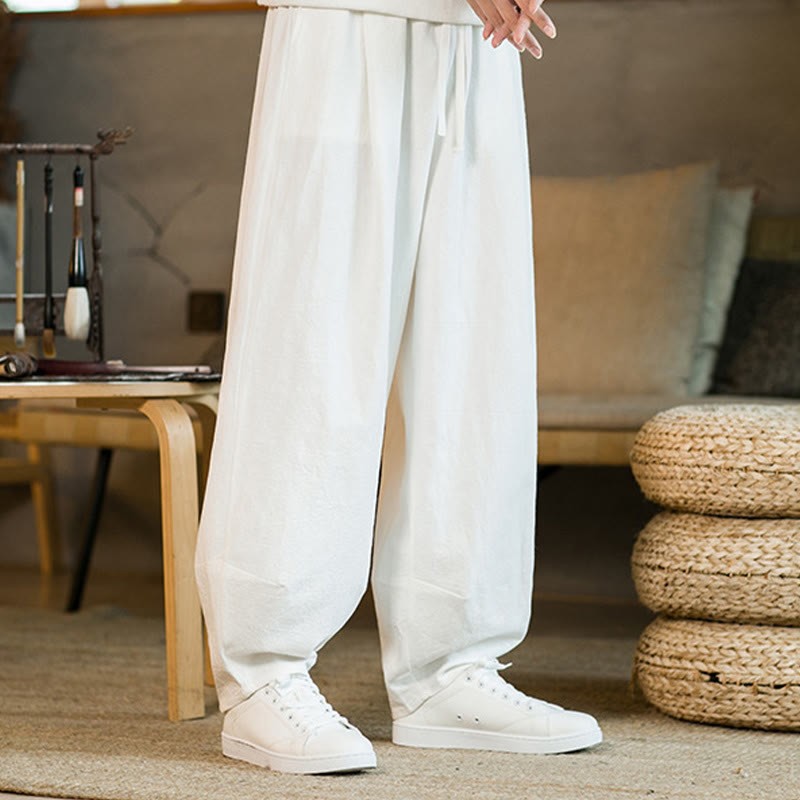Solid Color Cotton Linen Drawstring Men's Harem Pants With Pockets
