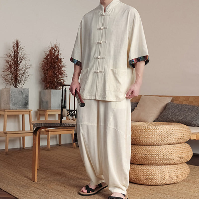 2Pcs Patchwork Chinese Frog-Button Shirt Wide Leg Pants Men's Meditation Cloth Set With Pockets
