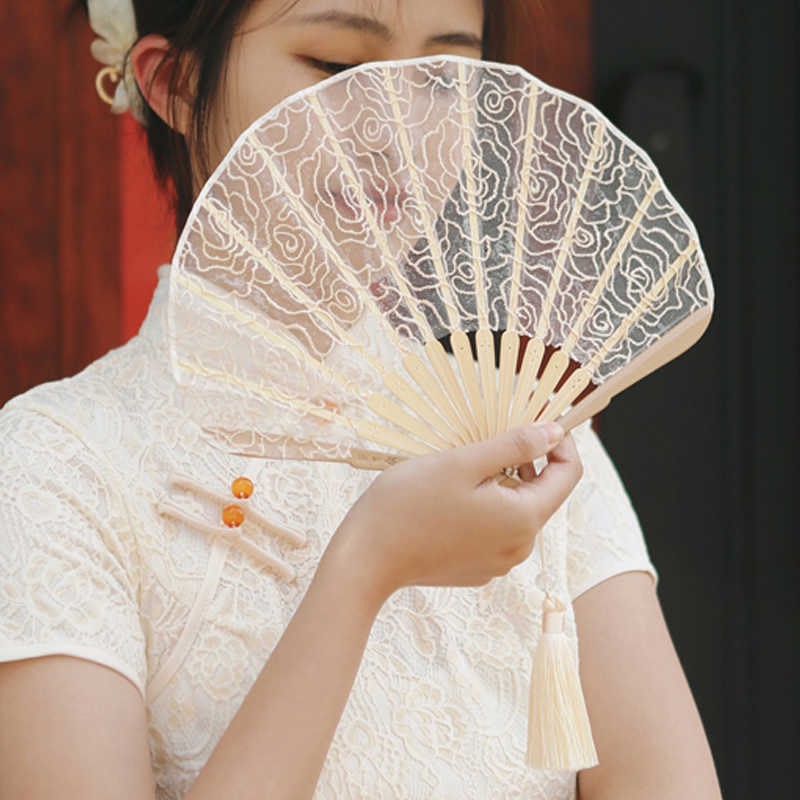Rose Embroidery Lace Shell Shape Tassels Handheld Bamboo Folding Fan