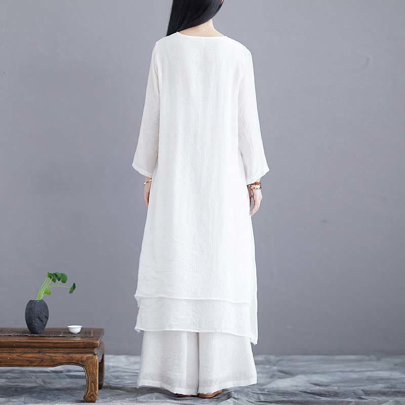 2Pcs Solid Color Midi Dress Wide Leg Pants Meditation Spiritual Zen Practice Yoga Dance Clothing