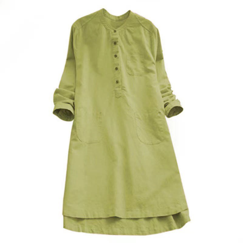 Solid Buttons Long Sleeve Cotton Linen Women's Shirt Dress With Pockets