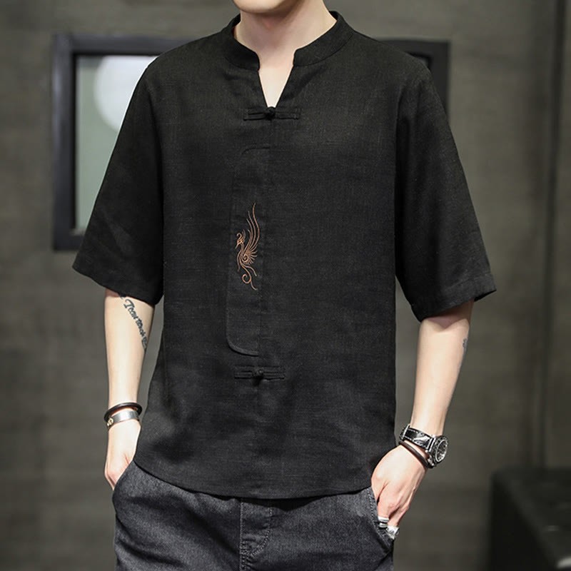 Frog-Button Phoenix Embroidery Chinese Tang Suit Short Sleeve Shirt Cotton Linen Men Clothing