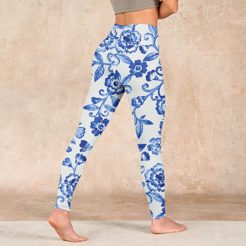 Blue Flowers Leaves Branches Print Gym Leggings Women's Yoga Pants