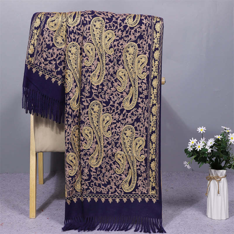 Rayon Fabric Shawl Golden Cashew Flowers Embroidery Tassel Winter Cozy Travel Scarf Wrap