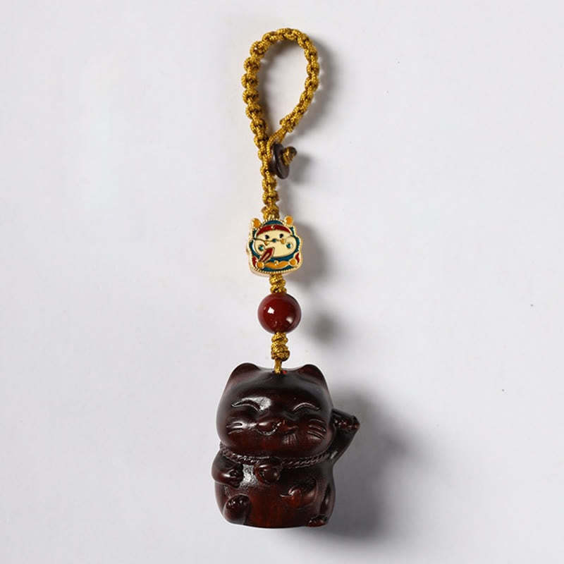 Small Leaf Red Sandalwood Green Sandalwood Sandalwood Lucky Cat Protection Key Chain Phone Hanging Decoration