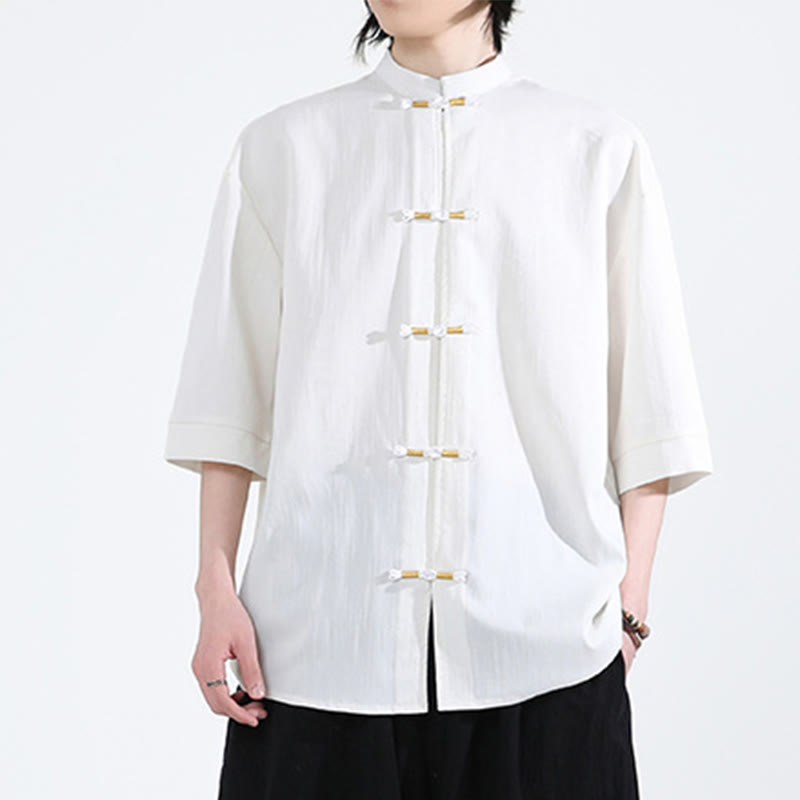 Pure Color Frog-Button Half Sleeve Linen Men's Shirt