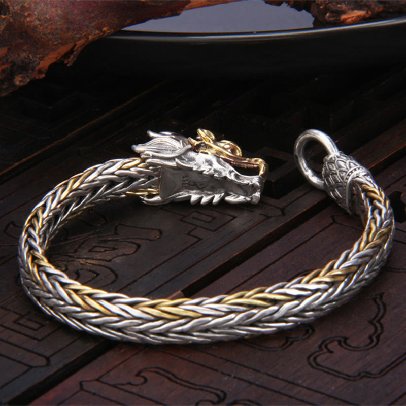 925 Sterling Silver Year Of The Dragon Auspicious Dragon Protection Metal Braided Design Bracelet