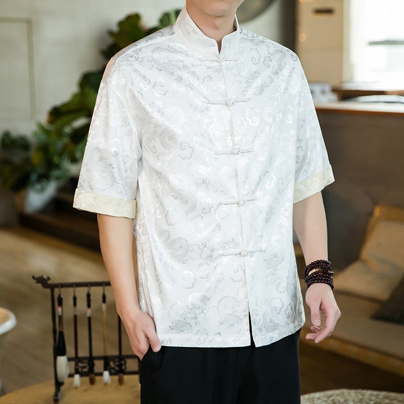 Chinese Tang Suit Frog-button Dragon Print Men's Half Sleeve Shirts