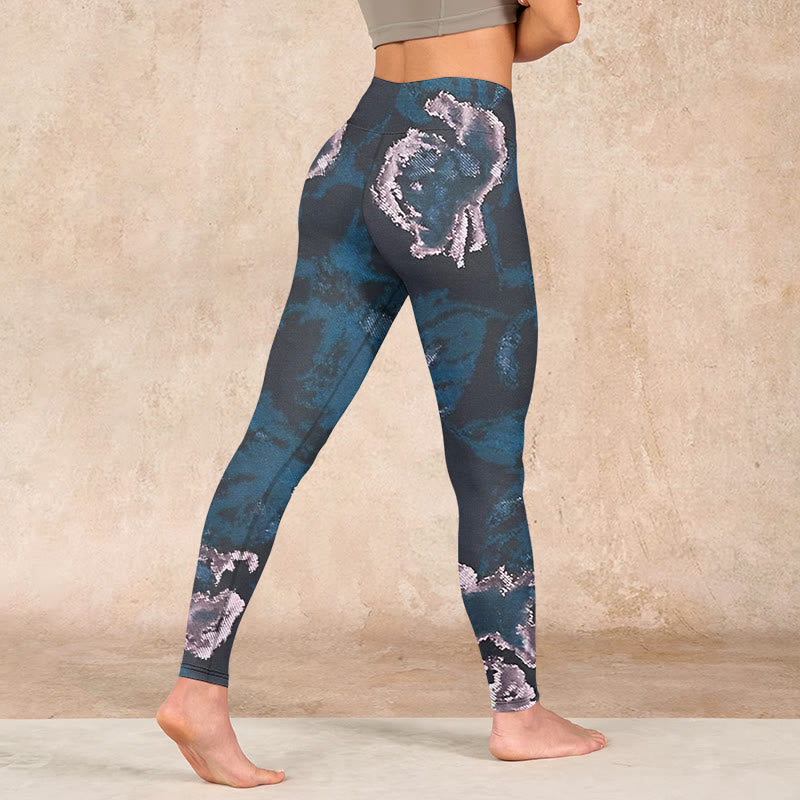 SteelBlue Silver Flowers Print Exercise Leggings Women's Yoga Pants