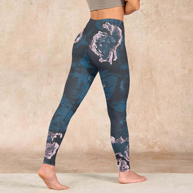 SteelBlue Silver Flowers Print Exercise Leggings Women's Yoga Pants