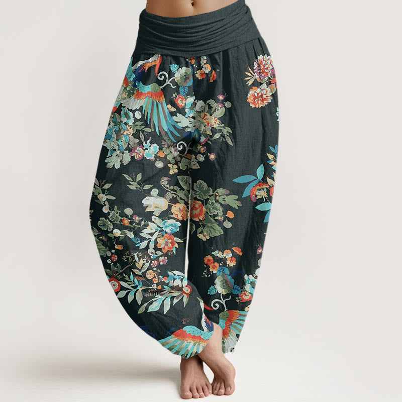 Colorful Flowers Birds Leaves Pattern Women's Elastic Waist Harem Pants