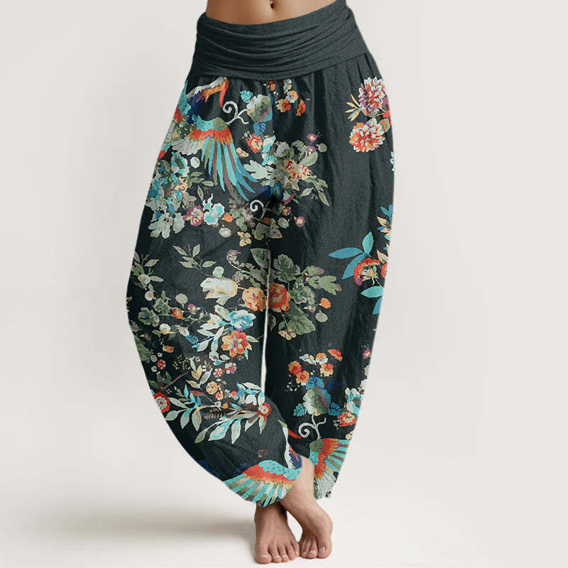 Colorful Flowers Birds Leaves Pattern Women's Elastic Waist Harem Pants