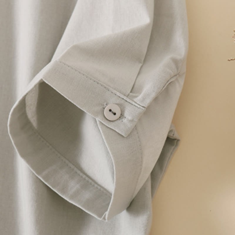 Summer Buttons Design Short Sleeve Cotton Linen Midi Dress With Pockets