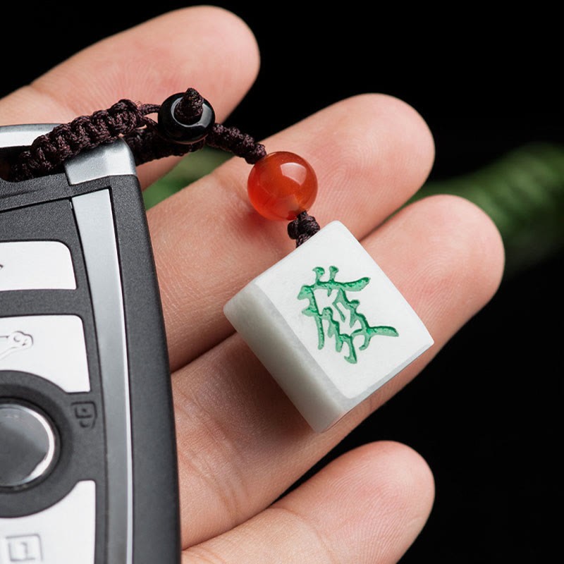 Natural Jade Mahjong Fa Character Wealth Prosperity Phone Hanging Key Chain Decoration