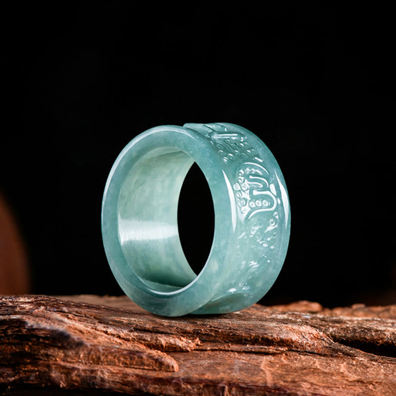 Natural Jade Om Mani Padme Hum Carved Prosperity Ring