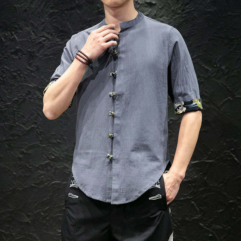 Men's Frog-Button Colorblock Dragon Waves Half Sleeve Shirt