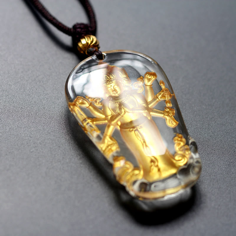 Tibetan Eight-armed Avalokitesvara Guanyin mystic zen Gold Plated Liuli Crystal Wealth Necklace Pendant