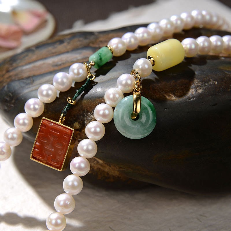 925 Sterling Silver Pearl Hetian Jade Red Agate Double Happiness Amber Luck Quadruple Wrap Bracelet