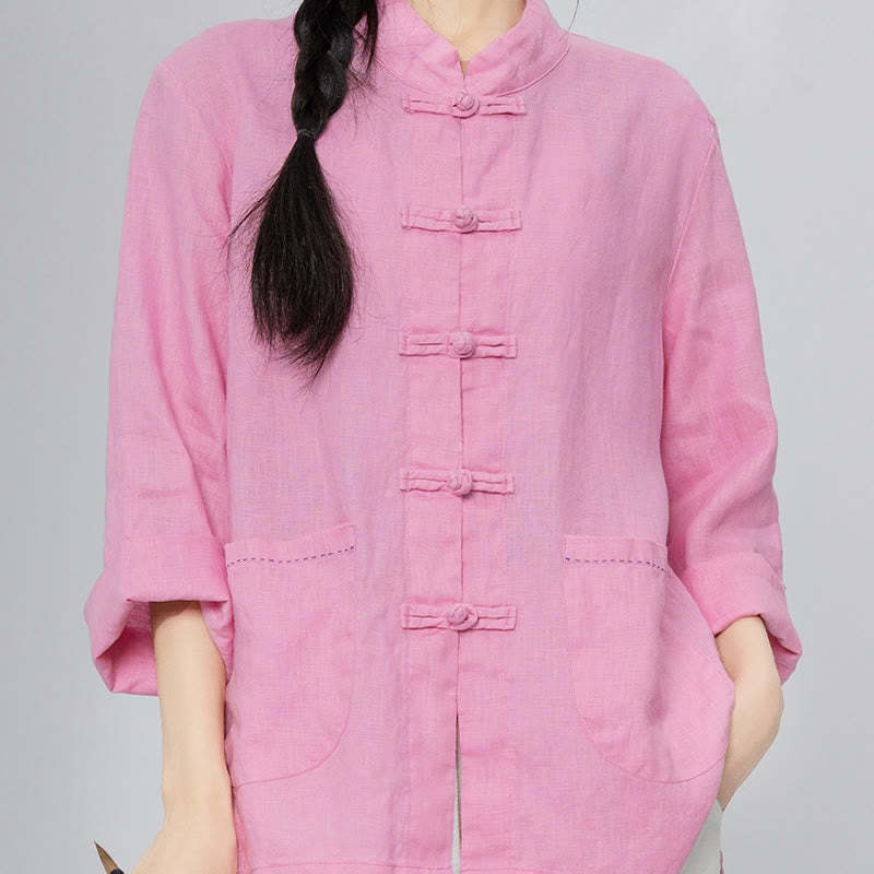 Solid Color Frog-button Long Sleeve Linen Women's Shirts With Pockets