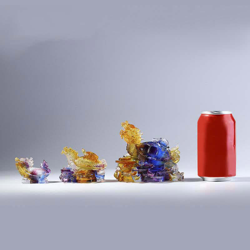 Feng Shui Dragon Turtle Coins Handmade Liuli Crystal Luck Art Piece Home Office Decoration