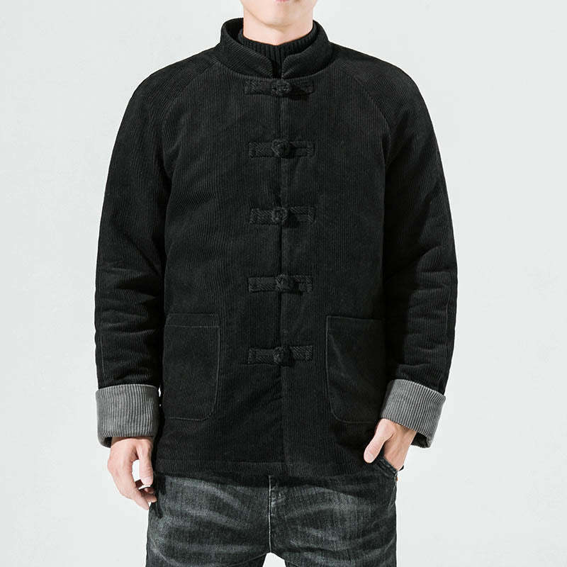 Frog-Button Chinese Tang Suit Stand Collar Long Shirt Corduroy Men Cotton Jacket Clothing