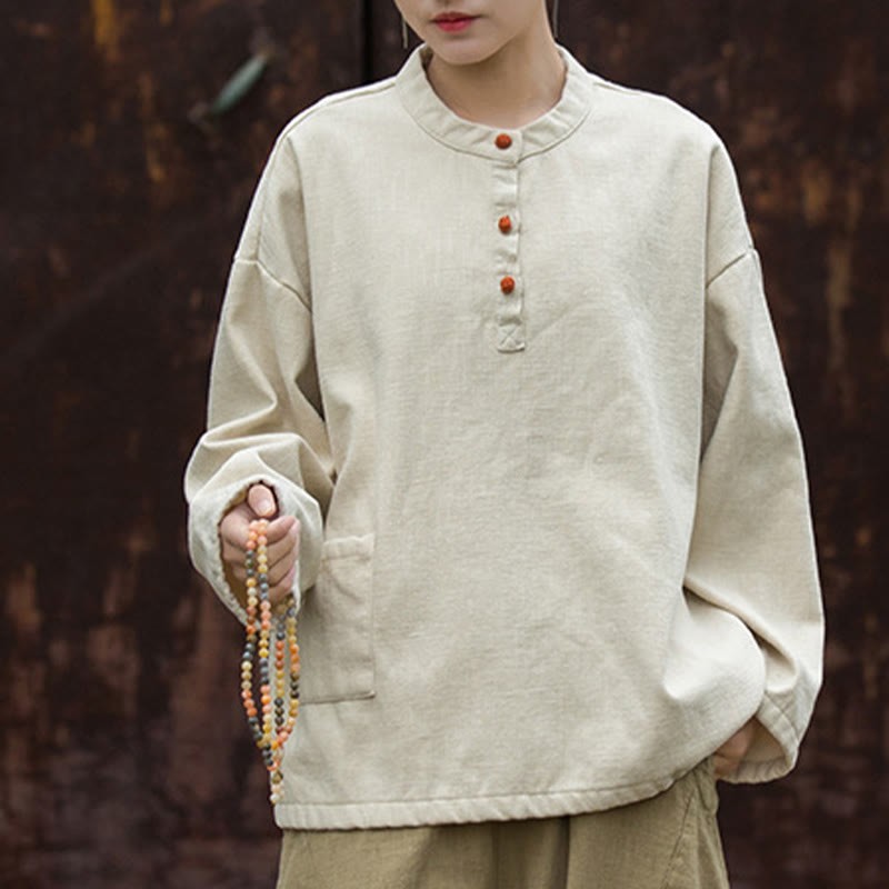 Retro Solid Color Thermal Long Sleeve Ramie Linen Women's Shirt