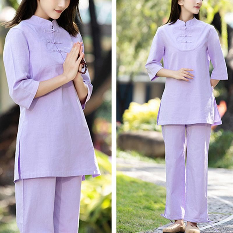 2Pcs Half Sleeve Shirt Top Pants Meditation Zen Tai Chi Cotton Linen Clothing Women's Set