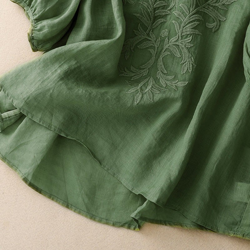 Vintage Casual Pure Leaf Embroidery V-Neck Half Sleeve Cotton Linen Women's T-Shirt