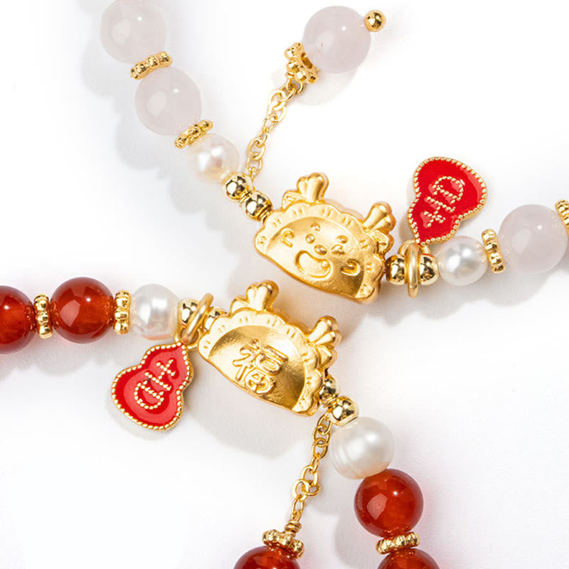 Year Of The Dragon Natural Red Agate Pink Crystal Black Onyx Dumpling Luck Fu Character Bracelet