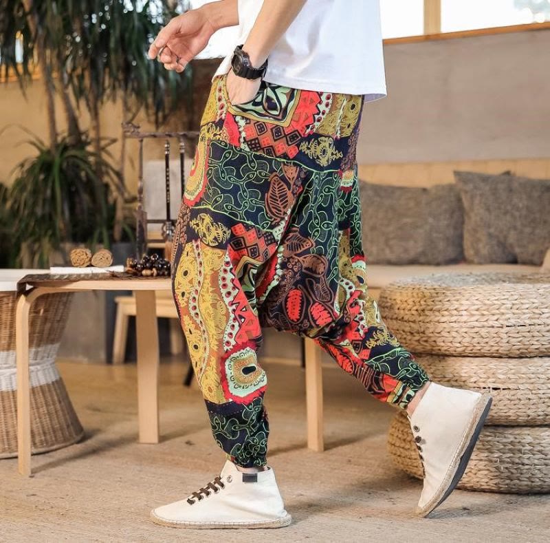 Red Gold Casual Leaves Print Cotton Men's Harem Pants With Pockets