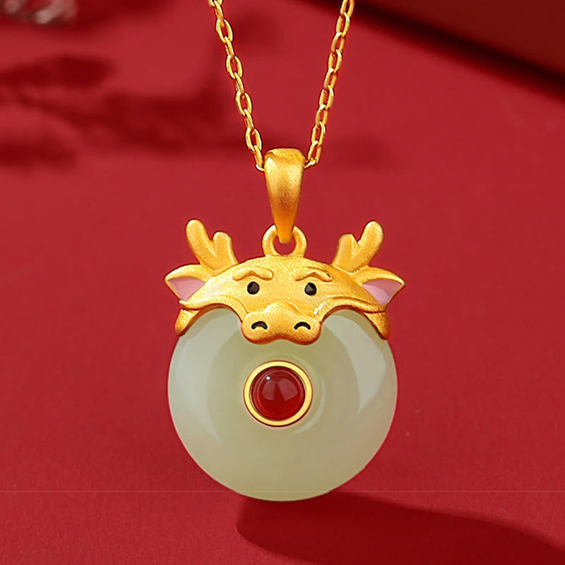 925 Sterling Silver Hetian Jade Chinese Zodiac Year of the Dragon Red Agate Luck Protection Necklace Pendant (Extra 30% Off | USE CODE: FS30)