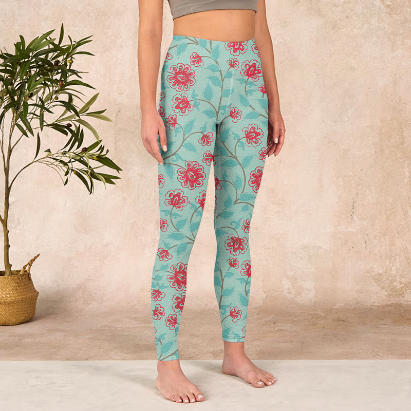 Vine Leaves Blossom Print Gym Leggings Women's Yoga Pants