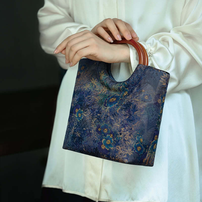 Peony Flower Bamboo Leaves Bird Solid Wood Handle Handbag