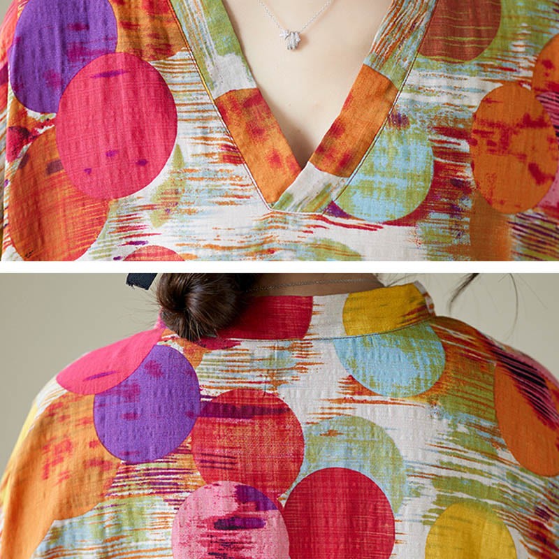 Orange Blue Colorful Polka Dots Midi Dress Cotton Half Sleeve Dress With Pockets
