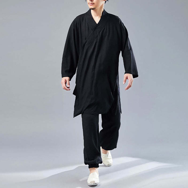 2Pcs V-Neck Men's Long Sleeve Shirt Top Pants Meditation Zen Tai Chi Cotton Linen Clothing Set