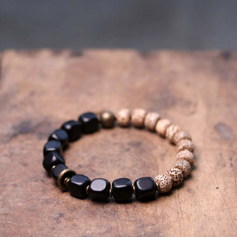 Tibetan Bodhi Seed Black Obsidian Ebony Wood Copper Peace Bracelet