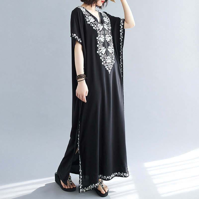 Summer Embroidery Flower V-Neck Short Sleeve Maxi Dress