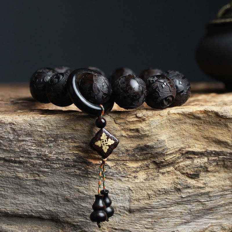 Ebony Wood Chinese Character Yin Yang Engraved Gourd Balance Bracelet