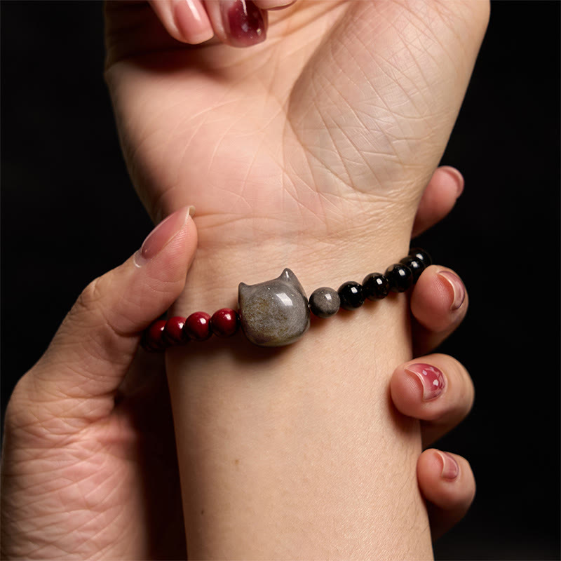 Black Obsidian Cinnabar Silver Sheen Obsidian Cat Fulfilment Bracelet